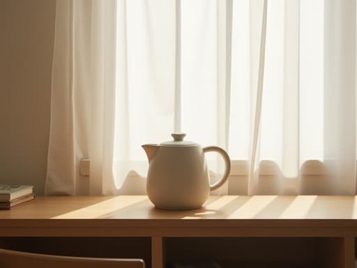 주전자, 주방용품 나무 선반, 아침 햇살, 얇은 흰 커튼, 북촌 거실 아늑함, 미니멀, 편집, 차분함