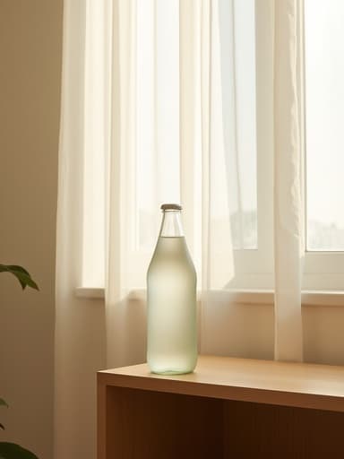 서리 낀 유리 소다병, 북촌의 미니멀한 햇살 가득한 거실의 나무 선반, 따뜻하고 아늑함