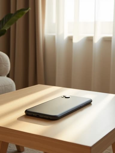 스마트폰, 전자 제품, 디지털 기기, 밝은 나무 테이블, 아늑한 거실, 서울 북촌, 얇은 흰색 커튼, 아침 햇살, 아늑하고 미니멀한 인스타그램 스타일의 미학