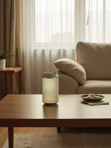 캔맥주, 식품 아늑한 북촌 거실, 나무 커피 테이블, 얇은 흰 커튼, 동쪽을 향한 자연광 편집 인스타그램 스타일, 아늑한