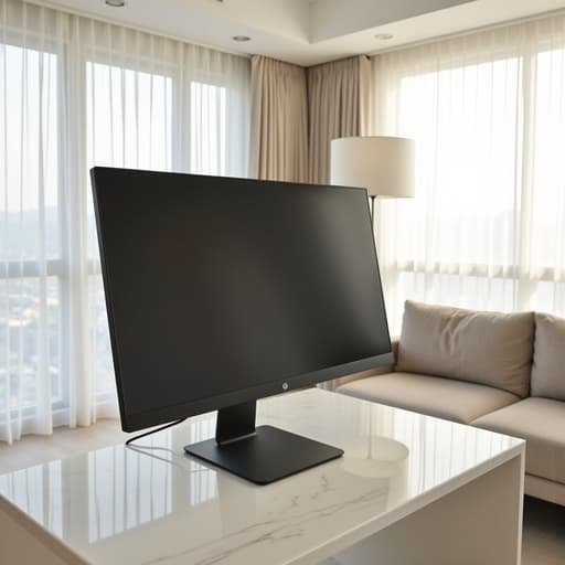 모니터, 전자기기 북촌의 빛으로 가득 찬 거실, 고요하고 미니멀하며 현대적입니다.