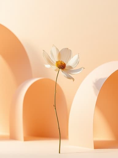 드라이플라워, 인테리어소품, 미니멀 스튜디오 배경, 파스텔 피치 패브릭 레이어, 추상적 종이 아치, 따뜻하고 평화로운 자연광