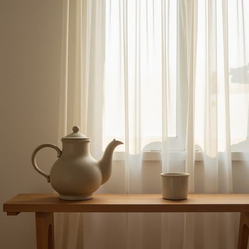 주전자, 주방용품, 나무 선반, 북촌 거실, 얇은 흰색 커튼, 아늑한, 인스타그램 스타일