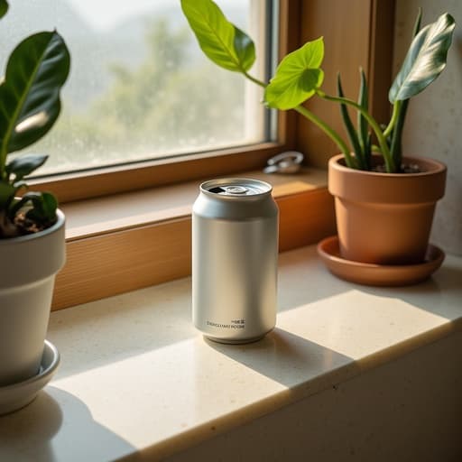 음료 캔, 현대적인 제주 숙소 욕실의 테라조 창턱, 아늑하고 고요하며 미니멀한 분위기