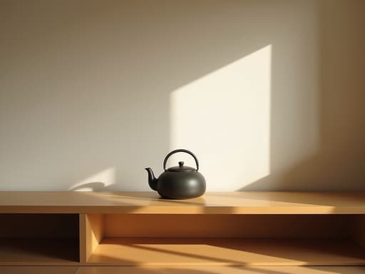 주전자, 주방용품 북촌의 햇볕이 드는 거실에 있는 나무 선반 아늑하고 미니멀한