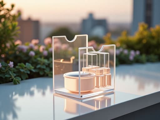 아크릴 정리함, 현대적인 옥상 정원, 미니멀리즘, 깨끗함, 파스텔 미학