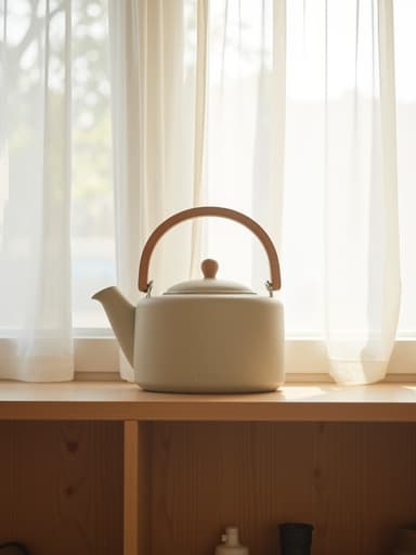 주전자, 주방용품이 한남동의 햇빛이 비치는 공유 주방의 나무 선반에 놓여 있다.