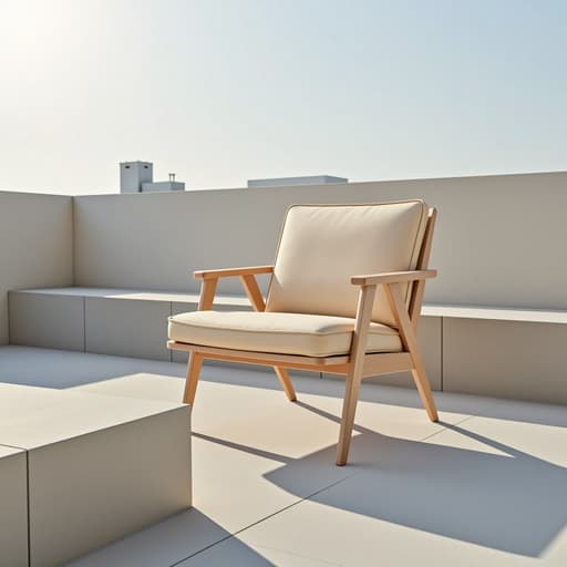 라운지 체어, 가구, 현대적 루프탑, 콘크리트 벤치, 이른 아침 햇살, 미니멀하고 깔끔한