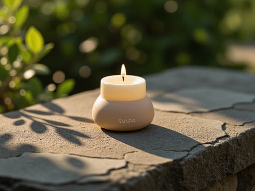 티라이트 캔들, 야외의 거친 돌 표면, 미니멀리즘, 깔끔함, 정제됨, 섬세함