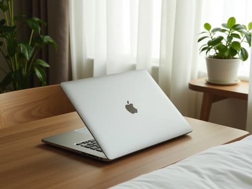 랩탑, 디지털 기기, 식물이 가득한 제주 숙소 방, 나무로 된 책상, 얇은 흰색 커튼을 통해 들어오는 햇빛, 아늑함, 미니멀함, 라이프스타일, 인스타그램 스타일