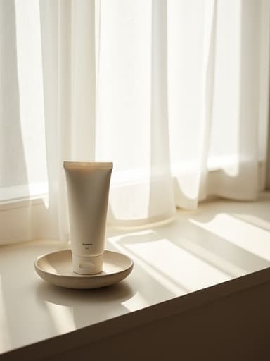 핸드크림, 화장품, 북촌 거실의 매트 세라믹 창턱, 부드러운 아침 햇살, 얇은 흰색 커튼, 고요한, 절제된 우아함, 아늑함