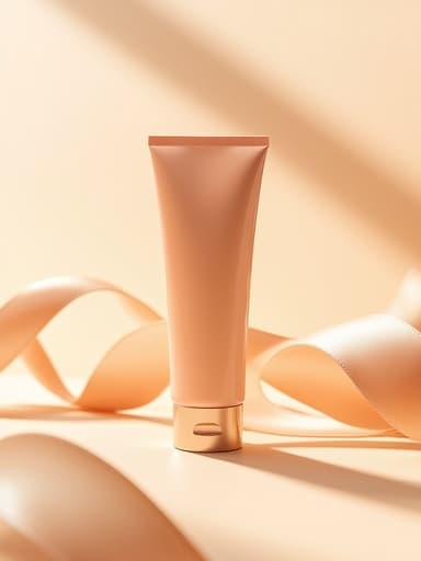 손 크림, 화장품 미니멀한 배경, 부드러운 복숭아색과 아이보리 톤, 새틴 리본, 섬세한 천 접힘 고급스러움, 우아함, 현대적, 따뜻함
