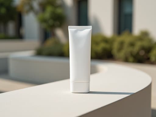 선케어 BB크림, 화장품, 매끄러운 콘크리트 벤치, 현대적인 실외 설정, 미니멀하고 깔끔한