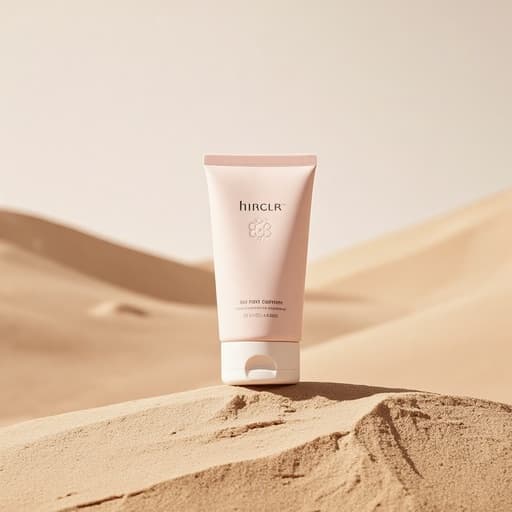 핸드 크림, 매끄러운 모래 언덕이 실키한 피부를 모방하는 초자연적인 사막 장면, 초현실적, 고요함