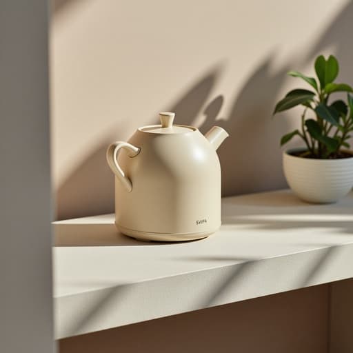 주전자, 주방용품 부드러운 아침 햇살 아래의 현대적인 콘크리트 벤치, 미니멀하고 깨끗하며 정제된 파스텔 톤