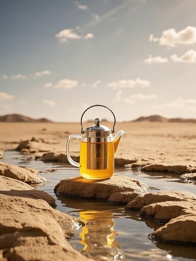 주전자, 오아시스 효과가 있는 끝없는 사막, 초현실적이고 고요한