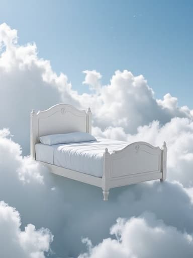 부유하는 구름 풍경 속의 싱글 침대, 가구, 꿈같고 평화로운