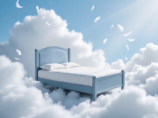 싱글 침대, 고요하고 구름이 흩어진 풍경, 떠다니는 깃털들, 차분하고 평화롭고 초현실적