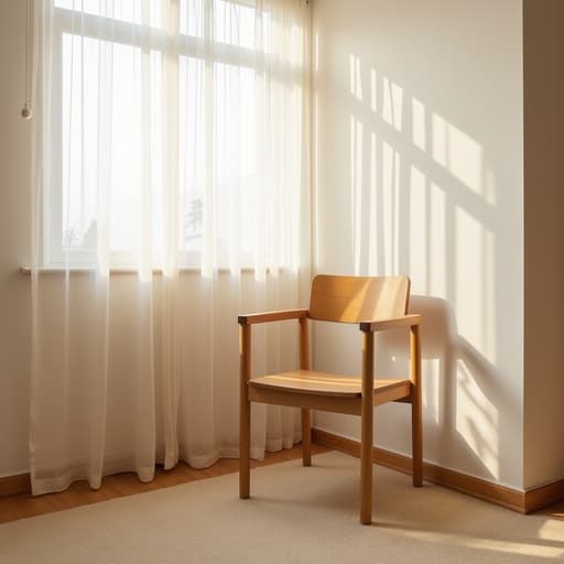 인테리어 의자, 가구, 북촌의 아늑한 코너, 얇은 흰색 커튼, 고요, 미니멀리스트, 아늑함