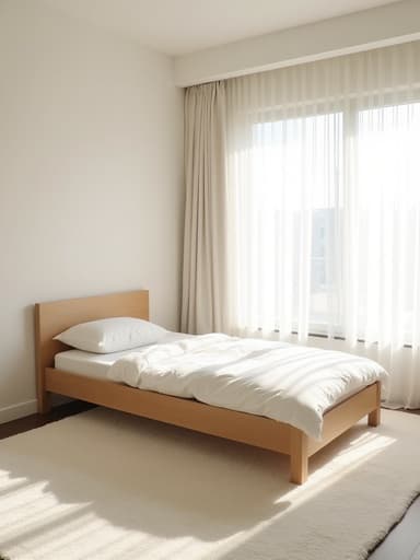 싱글 침대, 가구, 정릉동의 밝은 거실, 높은 창문, 얇은 흰색 커튼, 푹신한 흰색 카펫, 아늑함, 미니멀리즘, 인스타그램 스타일 미학