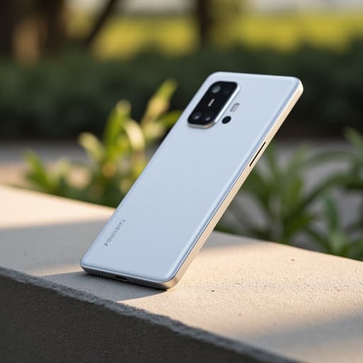 스마트폰, 디지털 기기, 야외 환경의 콘크리트 벤치, 미니멀하고 깔끔한, 파스텔 톤