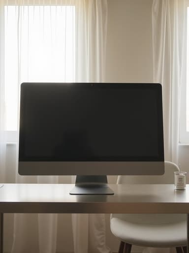 모니터, 디지털기기, 현대적인 한남동 공유 주방의 매끄러운 금속 책상, 하얀 얇은 커튼을 통해 들어오는 햇빛, 평화롭고 현대적인 인스타그램 스타일