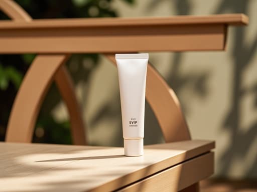 선케어 BB크림, 햇볕이 내리쬐는 목재 벤치 야외, 미니멀하고 깔끔한