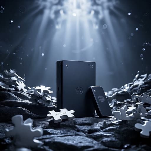 게임 콘솔, 서로 맞물린 퍼즐 조각들의 초현실적이고 상징적인 풍경, 창의적이고 즐거운