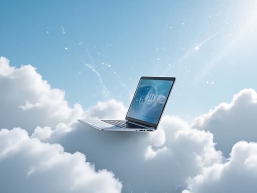 노트북, 디지털 기기, 구름 같은 환경의 디지털 스트림, 평온함, 혁신적임