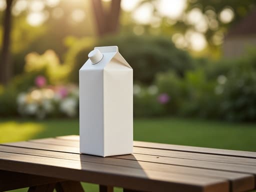 우유 팩, 식품 정원에 있는 소박한 나무 테이블 미니멀리즘, 깔끔함