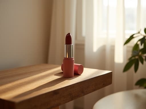 립스틱, 화장품 러스틱 우드 선반, 얇은 흰색 커튼을 통해 스며드는 햇빛, 북촌의 스타일리시한 거실 아늑하고 부드러운 에디토리얼, 인스타그램 스타일의 미적 감각
