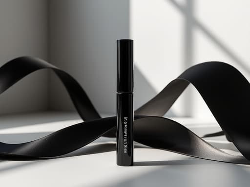 방수 마스카라, 화장품 미니멀한 스튜디오 설정과 검은색 새틴 리본과 부드러운 직물 주름 깔끔하고 현대적