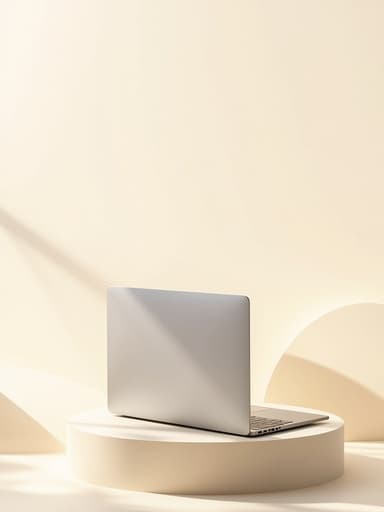 노트북, 디지털 기기 매끄러운 미니멀리스트 연단, 파스텔 아이보리 배경 부드럽고, 부드럽고, 프리미엄, 현대적