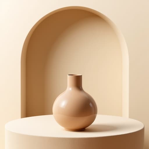 핸드메이드 화병, 인테리어소품, 패브릭으로 덮인 포디움, 미니멀 아치, 파스텔 베이지 배경, 부드러운 자연광, 깨끗하고 현대적인