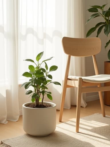 아늑한 실내 장면은 단순하고 브랜드가 없는 매트 세라믹 화분과 함께 밝은 나무 의자가 등장하며, 부드러운 아침 햇살이 투명한 흰색 커튼을 통과하여 미니멀한 거실에 이어져 있는 질감 있는 양모 러그 위에 퍼집니다. 이는 휴식을 위한 평화롭고 초대하는 분위기를 만듭니다.