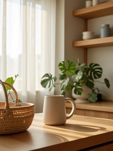 아늑한 장면이 질감이 있는 매트 세라믹 머그에 담긴 캔맥주와 부드러운 아침 햇살이 스며드는 모던한 성수동 주방의 나무 선반과 녹색 식물들 사이에서 재잘거리는 바구니를 곁에 두어 편안하고 초대하는 분위기를 만들어냅니다.