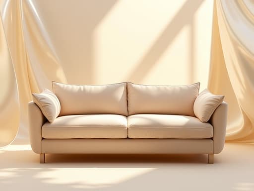 부드러운 베이지 색상의 현대적인 패브릭 소파가 부드러운 패브릭 주름이 있는 최소한의 새틴 배경에 우아하게 배치되어 있으며, 따뜻하게 확산된 아침 빛에 의해 조명을 받아 깔끔하고 프리미엄한 분위기를 만들어냅니다.