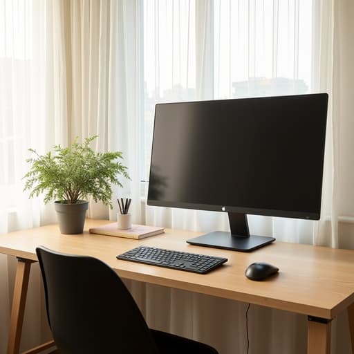 세련된 무광 검은색 모니터가 미니멀한 나무 책상 위에 놓여 있고, 그 옆에는 녹색 화분이 있으며, 부드럽게 조명이 비치는 성수동의 스튜디오 공간에서 햇빛이 얇은 흰 커튼을 통해 필터링되어 아늑한 홈 오피스를 연상시키는 평화롭고 영감을 주는 작업 공간 분위기를 만들어냅니다.