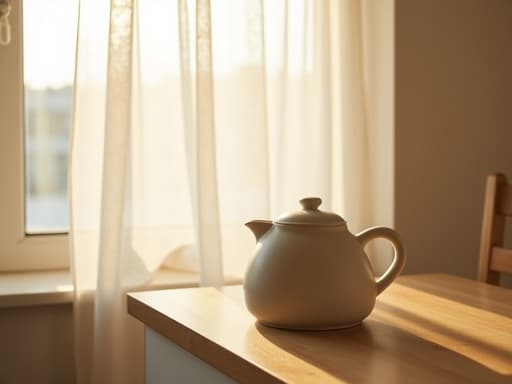 한남동의 햇살이 잘 비치는 주방의 자연스러운 나무 조리대에 매트 세라믹 주전자가 놓여 있고, 부드러운 아침 햇살이 흰 얇은 커튼을 통해 청량하게 비추며 아늑하고 따뜻한 분위기를 만들어냅니다.