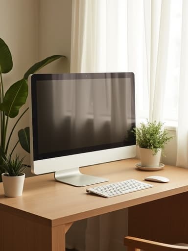 매끈한 무브랜드 모니터가 미니멀한 작업 공간의 무광목 책상 위에 우아하게 놓여 있으며, 부드러운 아침 햇살이 얇은 흰색 커튼을 통해 filtering되고, 내추럴한 우드 마감과 실내 식물이 있는 아늑한 분위기로 둘러싸여 있다.