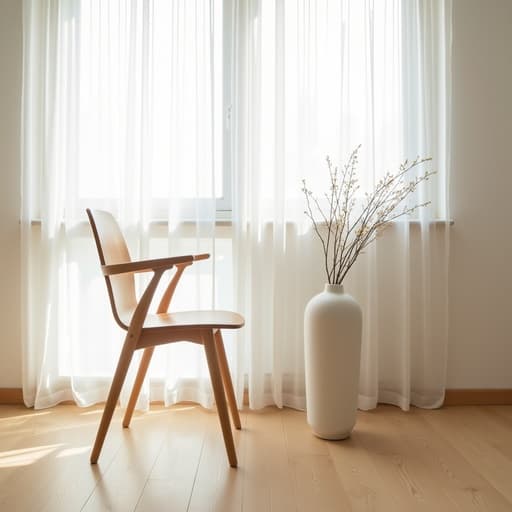 세련된 매트 세라믹 꽃병이 미니멀한 인테리어 의자와 함께 성수동의 부드럽게 조명이 비춰지는 스튜디오 공간을 배경으로 하여, 밝은 나무 바닥과 부드러운 흰색 커튼이 부드러운 아침 햇살을 걸러내며, 아이폰으로 촬영되어 조용하고 아늑한 분위기를 자아냅니다.