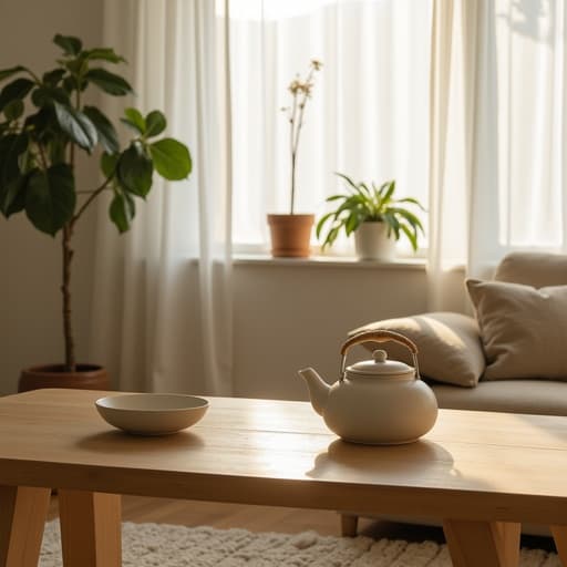 부드러운 아침 햇살이 희미한 흰 커튼을 통과하면서 아늑한 북촌의 거실에 놓인 나무 식탁 위에 있는 미니멀한 매트 세라믹 주전자가 있습니다.