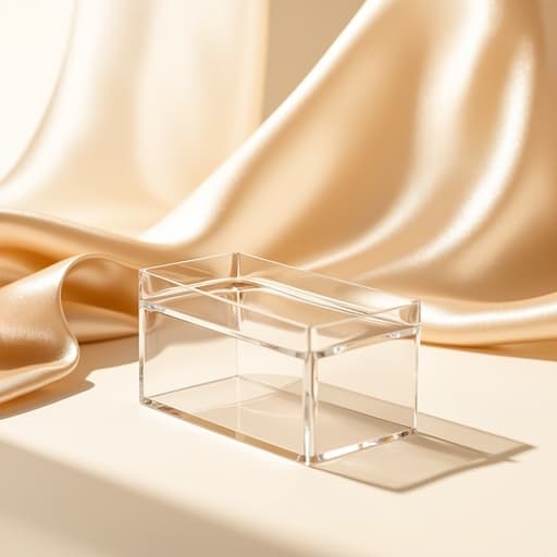 부드러운 파스텔 베이지 새틴 배경 위에 있는 투명 아크릴 정리함, 부드러운 패브릭 주름과 추상적인 형태로 스타일링 되어 있으며, 따뜻하고 확산된 자연광으로 조명되어 깔끔하고 프리미엄한 느낌을 줍니다.