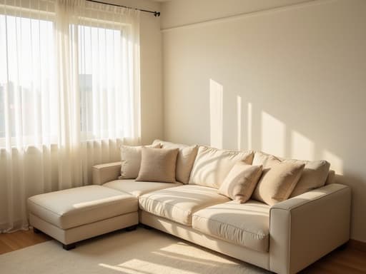 북촌의 아늑하고 미니멀한 거실에 부드러운 매트 베이지 소파가 놓여 있고, 질감 있는 쿠션들이 장식되어 있으며, 부드러운 아침 햇살이 얇은 흰색 커튼을 통해 들어와 한국의 평화로운 거주 공간을 연상시키는 따뜻하고 초대하는 분위기를 만들어냅니다.