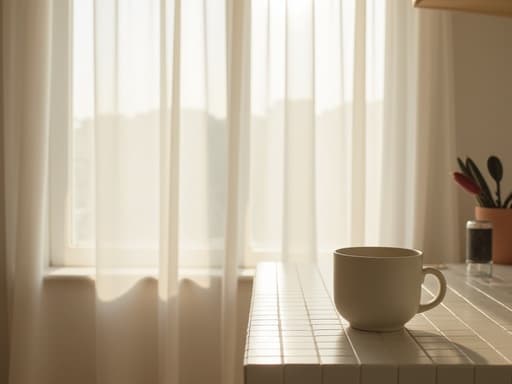 부드럽고 미니멀한 장면에서 세라믹 머그컵이 타일이 깔린 조리대 위에 놓여 있고, 부드러운 아침 햇살이 하얀 얇은 커튼을 통해 스며들어와 한남동의 공유 주방에서 평화로운 분위기를 드러냅니다.