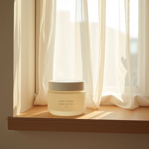 매끈하고 안개가 낀 유리 용기의 자외선 차단제가 텍스처가 있는 나무 선반 위에 놓여 있고, 부드러운 아침 햇살이 얇은 흰 커튼을 통해 쏟아져 들어오는 아늑한 성수동 스튜디오에서 편안하고 따뜻한 분위기를 자아냅니다.