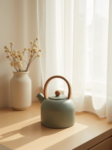 아늑하고 평화로운 분위기를 자아내며 한남동의 세련된 공유 주방을 연상시키는 자연광이 부드럽게 들어오는 투명한 흰색 커튼 뒤에 놓인 미니멀한 매트 세라믹 주전자가 밝은 나무 조리대에 놓여 있는 평화로운 아침 장면.