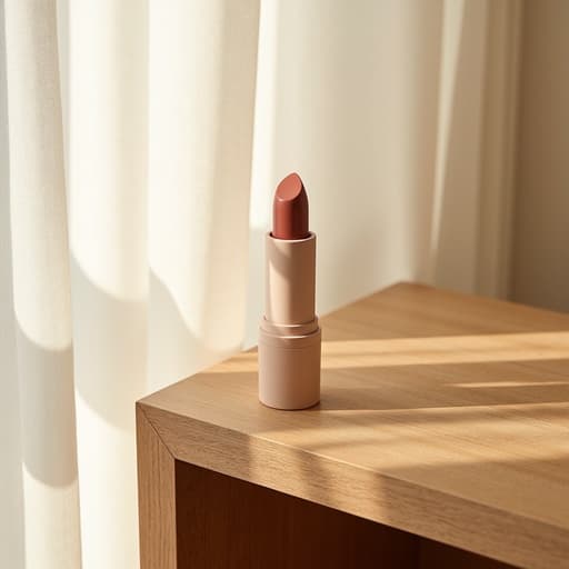 매트 세라믹 립 틴트가 질감이 있는 나무 선반 위에 우아하게 놓여 있으며, 부드러운 아침 햇살이 얇은 흰색 커튼을 통과해 들어와 아늑하고 미니멀한 미학을 연출하는 모습은 성수동의 멋진 스튜디오를 연상시킵니다.