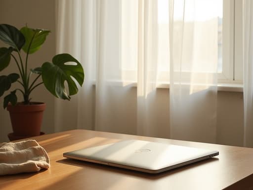 매트 실버 마감의 세련된 비브랜드 노트북이 다듬어진 나무 책상 위에 놓여 있으며, 무성한 실내 식물과 따뜻한 질감의 리넨 냅킨에 둘러싸여 있습니다. 부드러운 아침 햇살이 쉐어 화이트 커튼을 통해 필터링되며, 아늑한 한남동 스튜디오에서 편안하고 초대하는 분위기를 자아내어 창의성과 생산성을 위한 완벽한 환경을 만듭니다.