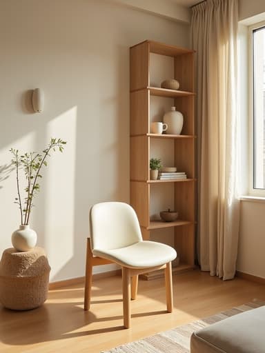 부드러운 아침 햇살이 공간을 밝히고 따뜻하고 초대하는 분위기를 만들어내는 부각된 나무 선반 옆에 매끄러운 세라믹 인테리어 의자가 놓인 아늑하고 최소주의적인 정물, 북촌의 밝고 쾌적한 거실입니다.
